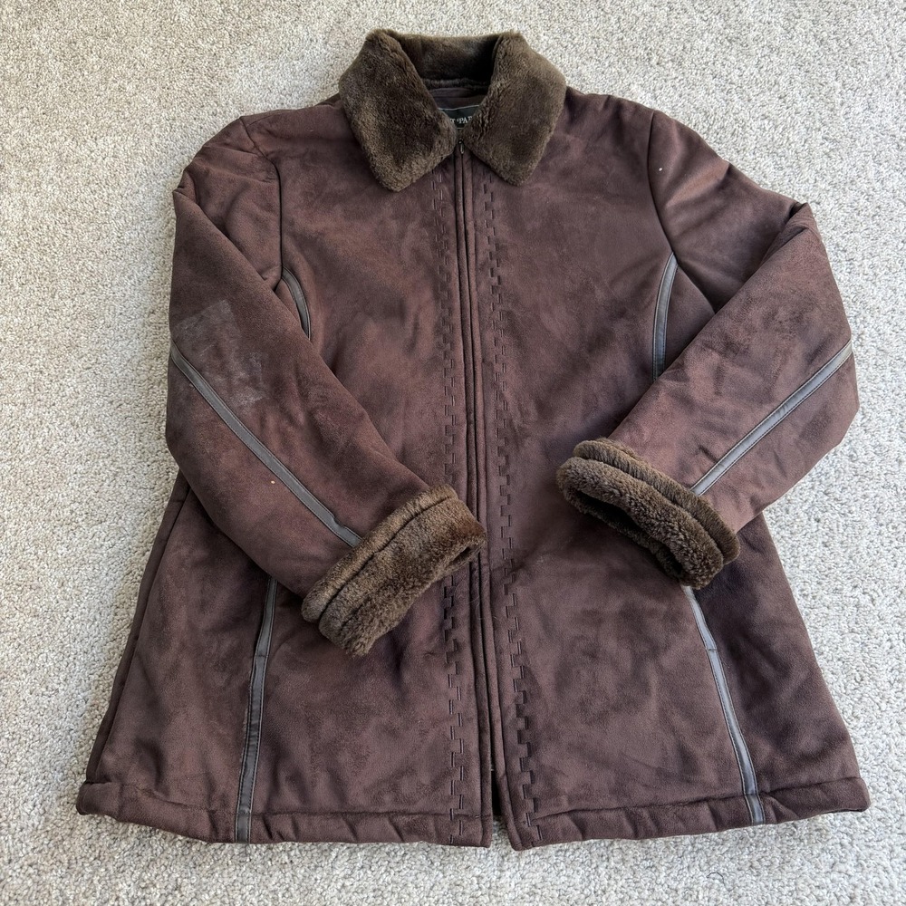 Regent Park Coat Womens Large Brown Microfiber Faux Fur Trim Full Zip Lined